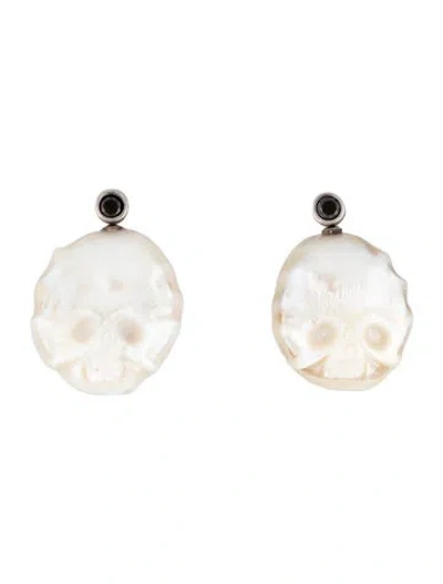 Pre-owned Earrings 14k Carved Pearl Skull & Diamond Drop  In Multi