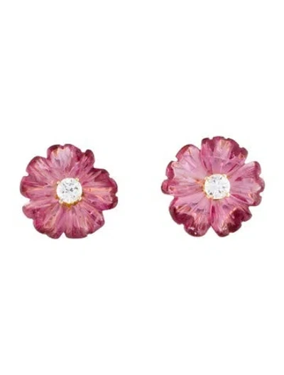 Pre-owned Earrings 14k Carved Tourmaline Flower & Diamond Stud  In Multi