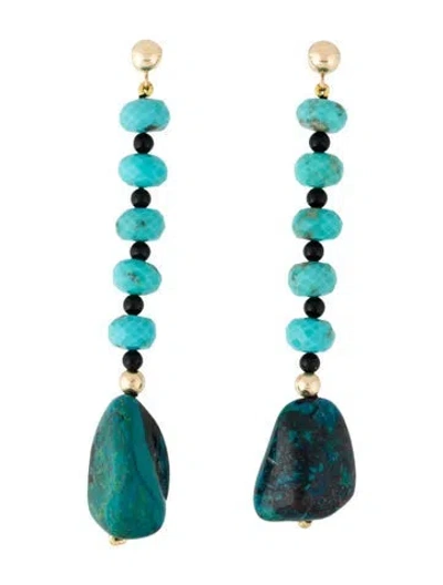 Pre-owned Earrings 14k Chrysocolla, Turquoise, & Onyx Bead Drop  In Multi