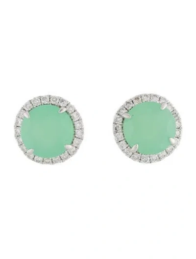 Pre-owned Earrings 14k Chrysoprase & Diamond Stud  In Multi