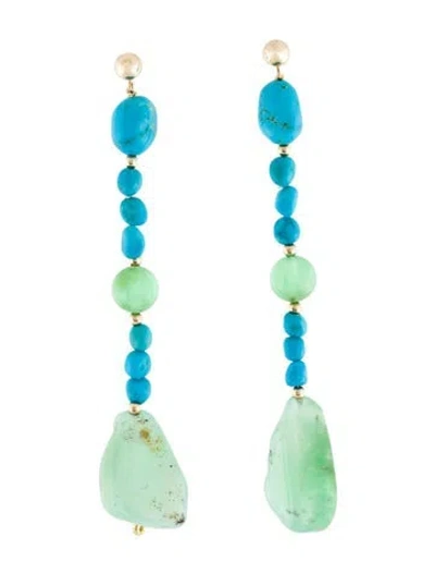 Pre-owned Earrings 14k Chrysoprase & Turquoise Drop  In White