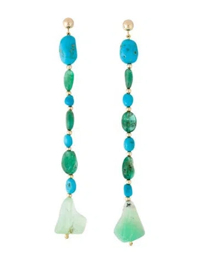 Pre-owned Earrings 14k Chrysoprase, Emerald, & Turquoise Bead Drop  In Multi
