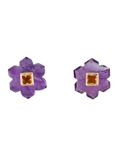 Pre-owned Earrings 14k Citrine & Amethyst Flower Jacket Stud  In Multi