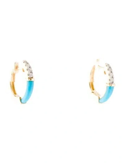 Pre-owned Earrings 14k Composite Turquoise & Diamond Huggie  In Multi