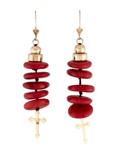 Pre-owned Earrings 14k Coral & Cross Drop  In Multi