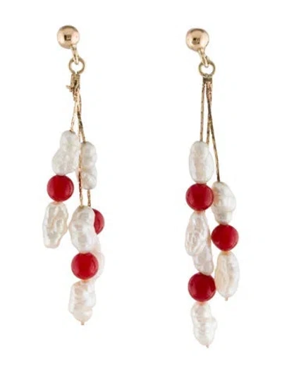 Pre-owned Earrings 14k Coral & Pearl Bead Drop  In Red