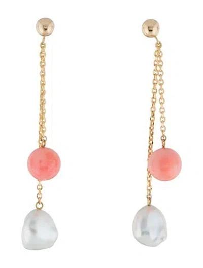 Pre-owned Earrings 14k Coral & Pearl Drop  In Multi