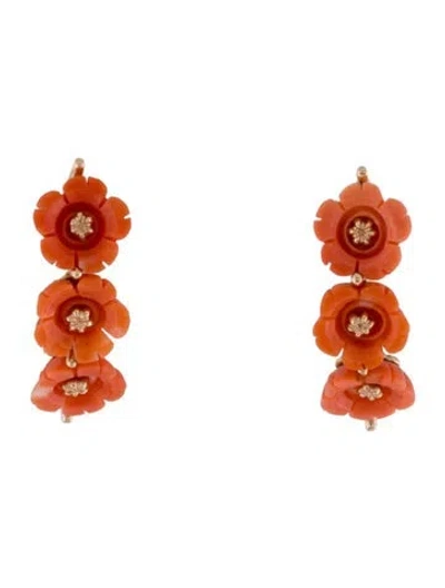 Pre-owned Earrings 14k Coral Floral Earclips In Multi