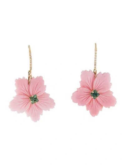 Pre-owned Earrings 14k Craved Shell, Sapphire & Diamond Flower Drop  In Multi
