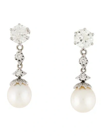 Pre-owned Earrings 14k Cultured Pearl & 2.77ctw Diamond Drop  In Multi