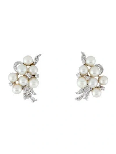 Pre-owned Earrings 14k Cultured Pearl & Diamond Cluster Clip-on  In Multi