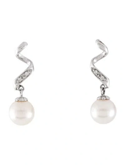Pre-owned Earrings 14k Cultured Pearl & Diamond Spiral Drop  In Multi