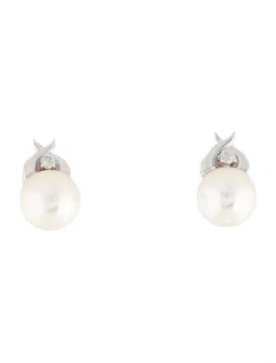 Pre-owned Earrings 14k Cultured Pearl & Diamond Stud  In Multi