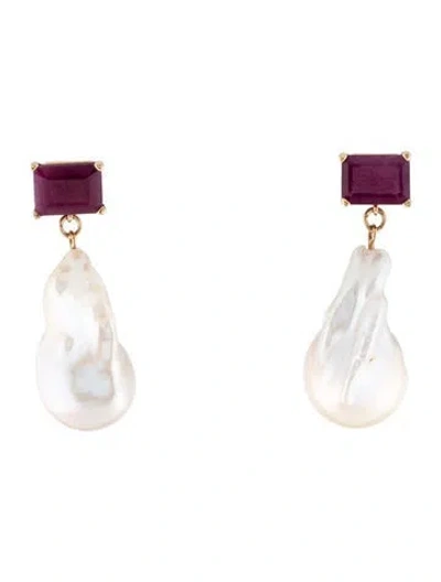 Pre-owned Earrings 14k Cultured Pearl & Ruby Drop  In Multi