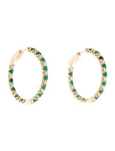 Pre-owned Earrings 14k Diamond & Emerald Hoop  In Multi