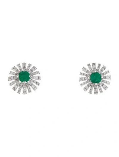Pre-owned Earrings 14k Diamond & Emerald Stud  In Multi