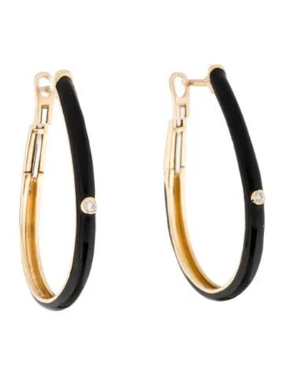 Pre-owned Earrings 14k Diamond & Enamel Hoop  In Black