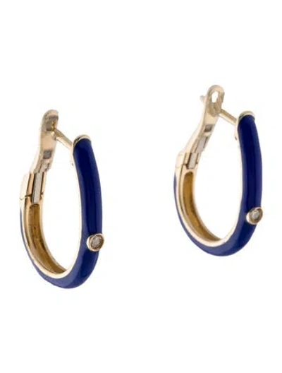 Pre-owned Earrings 14k Diamond & Enamel Hoop  In Blue
