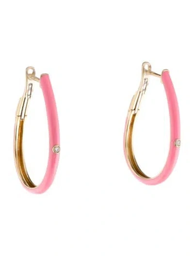 Pre-owned Earrings 14k Diamond & Enamel Hoop  In Pink