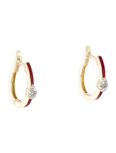 Pre-owned Earrings 14k Diamond & Enamel Hoop  In Red