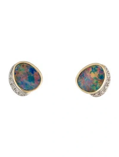 Pre-owned Earrings 14k Diamond & Opal Doublet Stud  In Multi
