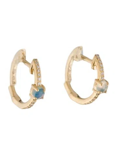 Pre-owned Earrings 14k Diamond & Opal Huggie  In Multi