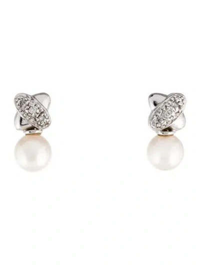 Pre-owned Earrings 14k Diamond & Pearl Stud  In Multi