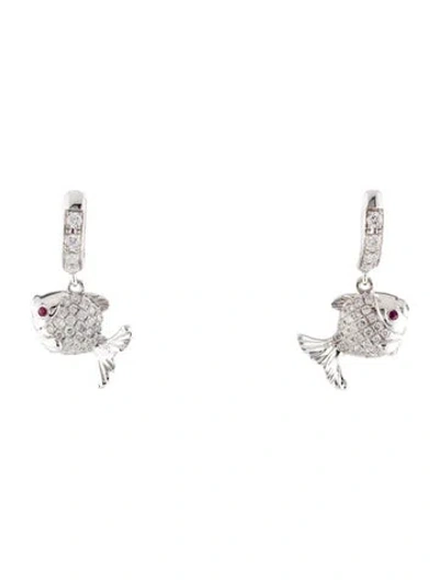 Pre-owned Earrings 14k Diamond & Ruby Fish Drop  In Multi