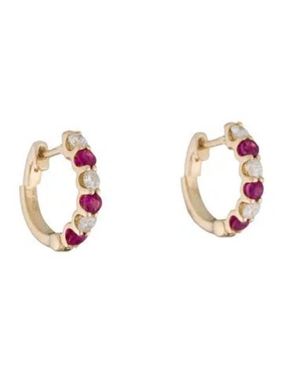 Pre-owned Earrings 14k Diamond & Ruby Huggie  In Multi