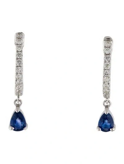 Pre-owned Earrings 14k Diamond & Sapphire Drop Huggie  In Multi