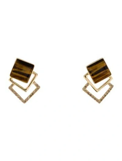 Pre-owned Earrings 14k Diamond & Tiger's Eye Quartz Drop  In Multi