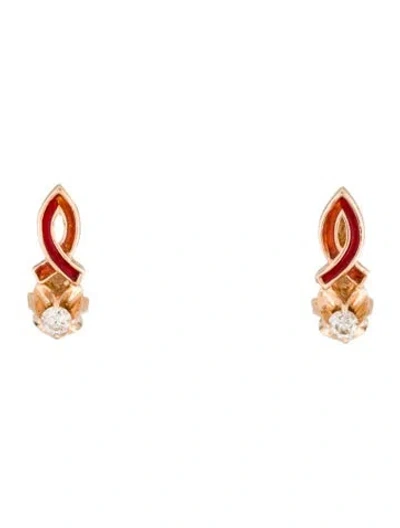 Pre-owned Earrings 14k Diamond Ribbon Huggie  In Red