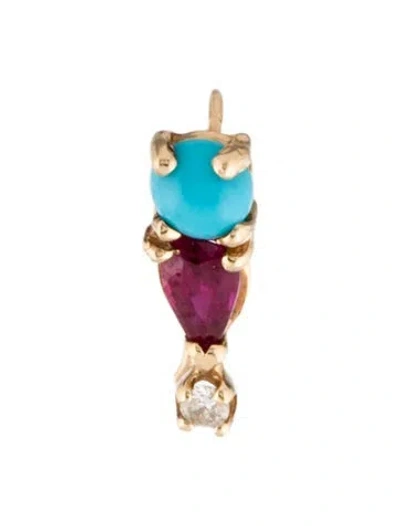 Pre-owned Earrings 14k Diamond, Ruby & Turquoise Drop Single Earring In Multi