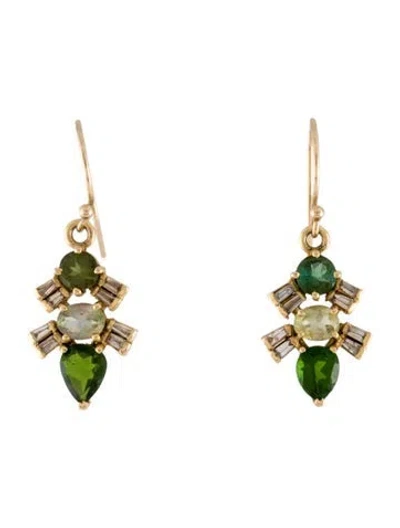 Pre-owned Earrings 14k Diopside, Tourmaline & Diamond Drop  In Multi