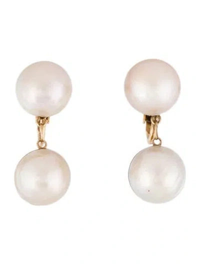Pre-owned Earrings 14k Double Pearl Drop Clip-on  In Multi
