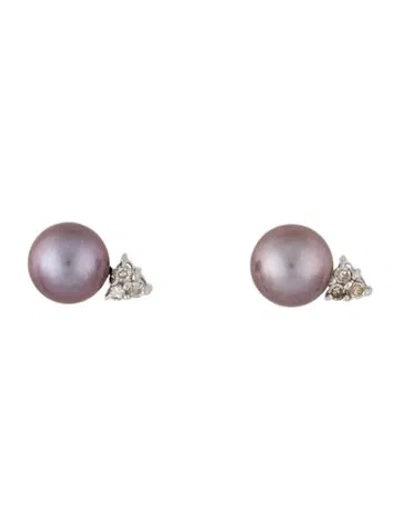 Pre-owned Earrings 14k Dyed Cultured Pearl & Diamond Stud  In Multi