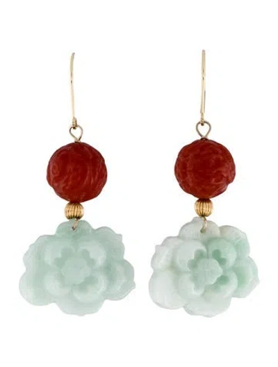 Pre-owned Earrings 14k Dyed Jadeite & Carnelian Drop  In Multi