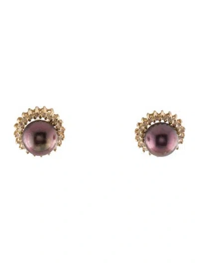 Pre-owned Earrings 14k Dyed Pearl & Diamond Halo Stud  In Multi