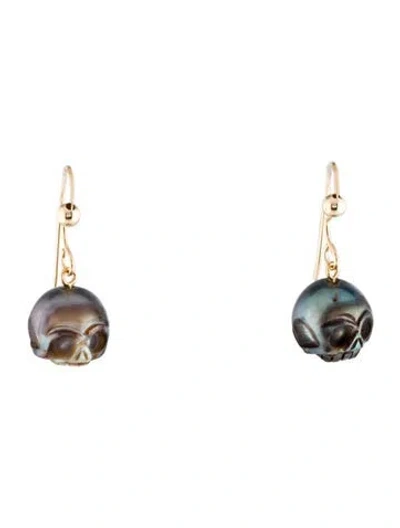 Pre-owned Earrings 14k Dyed Pearl Skull Drop  In Multi