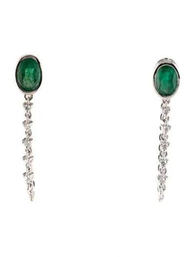 Pre-owned Earrings 14k Emerald & Diamond Chain Drop  In Multi