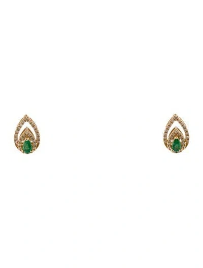 Pre-owned Earrings 14k Emerald & Diamond Double Halo Stud  In Multi
