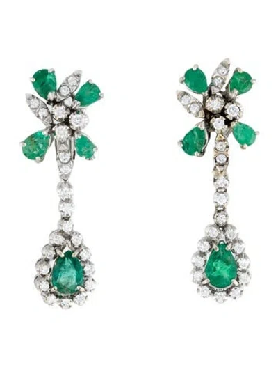 Pre-owned Earrings 14k Emerald & Diamond Drop Earclips In Multi