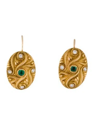 Pre-owned Earrings 14k Emerald & Diamond Drop  In Multi
