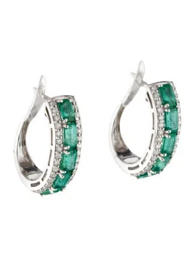 Pre-owned Earrings 14k Emerald & Diamond Hoop  In Multi
