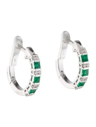 Pre-owned Earrings 14k Emerald & Diamond Hoop  In Multi