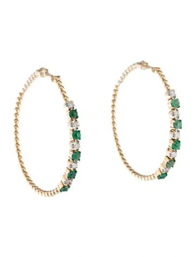 Pre-owned Earrings 14k Emerald & Diamond Hoop  In Multi