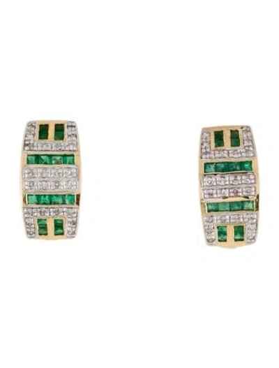 Pre-owned Earrings 14k Emerald & Diamond Huggie Clip-on  In Multi