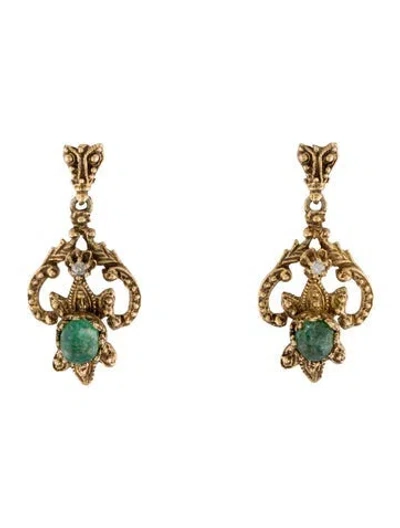 Pre-owned Earrings 14k Emerald & Diamond Ornate Drop  In Multi