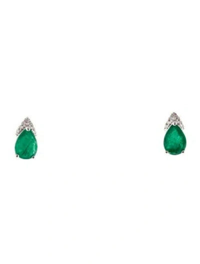 Pre-owned Earrings 14k Emerald & Diamond Stud  In Multi