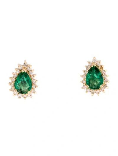 Pre-owned Earrings 14k Emerald & Diamond Stud  In Multi